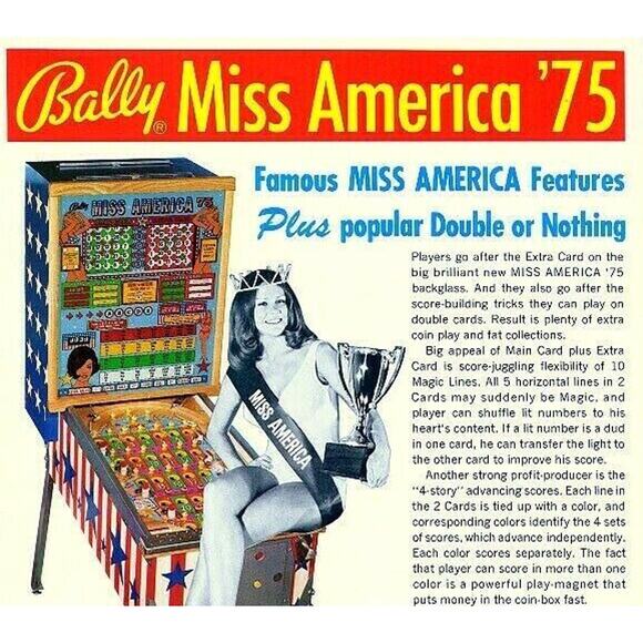 Miss America Pinball FLYER Original 1975 Bingo Game Art Pretty Lady Seated - Picture 1 of 7